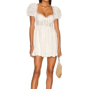 For Love & Lemons White Eyelet Puff Sleeve Mini Dress